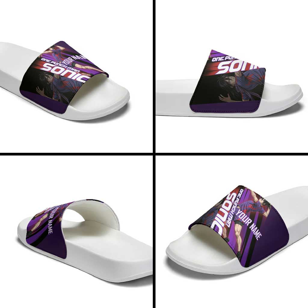 Personalized Sonic Volleyball Design Slide Sandals with Purple and Black Athletic Theme and Agile Jump Pose