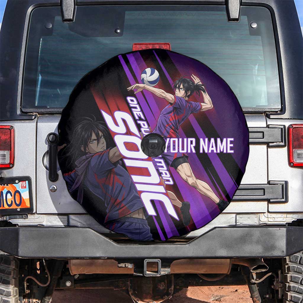 Personalized Sonic Volleyball Design Spare Tire Cover with Purple and Black Athletic Theme and Agile Jump Pose