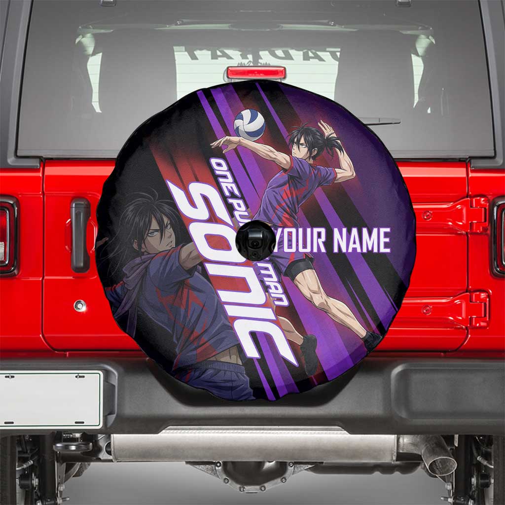 Personalized Sonic Volleyball Design Spare Tire Cover with Purple and Black Athletic Theme and Agile Jump Pose