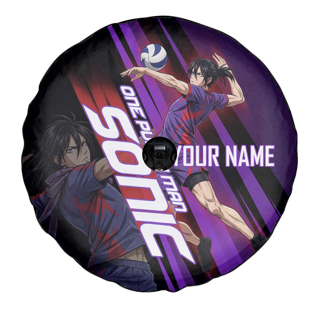 Personalized Sonic Volleyball Design Spare Tire Cover with Purple and Black Athletic Theme and Agile Jump Pose