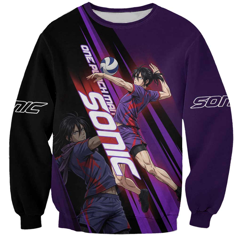 Personalized Sonic Volleyball Design Sweatshirt with Purple and Black Athletic Theme and Agile Jump Pose