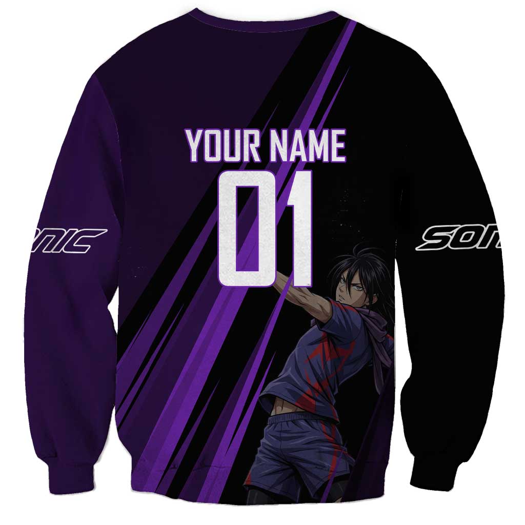 Personalized Sonic Volleyball Design Sweatshirt with Purple and Black Athletic Theme and Agile Jump Pose