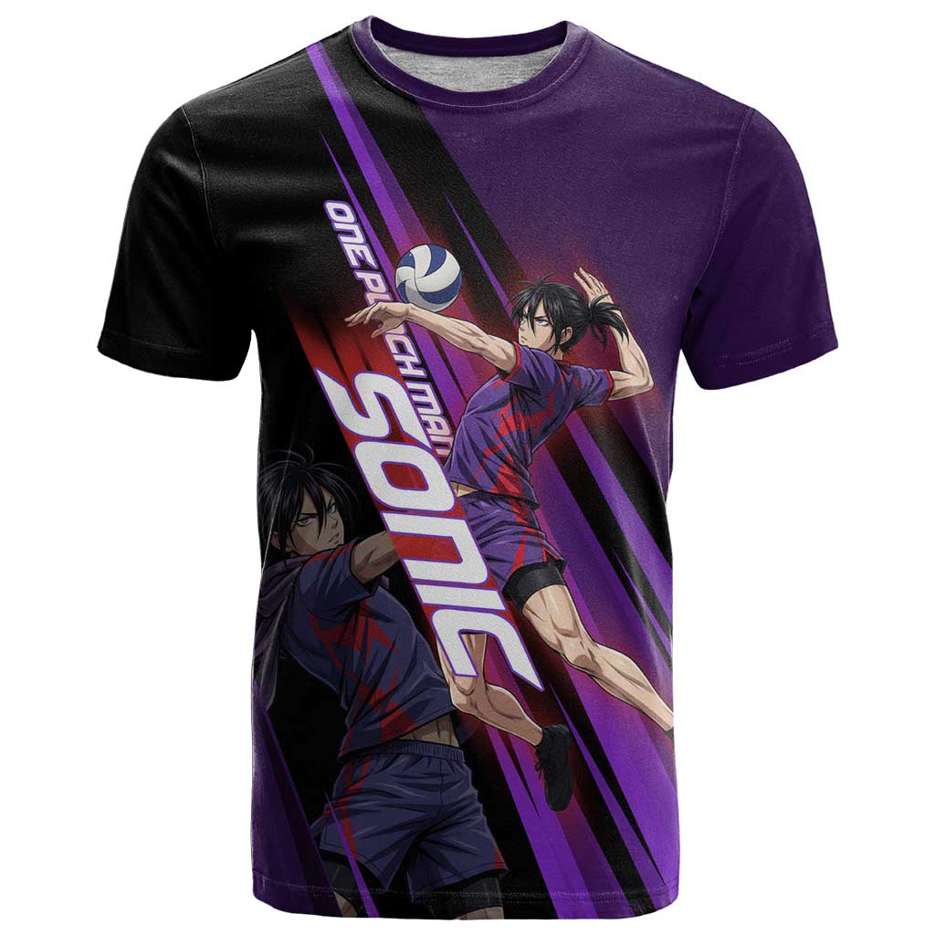 Personalized Sonic Volleyball Design T Shirt with Purple and Black Athletic Theme and Agile Jump Pose