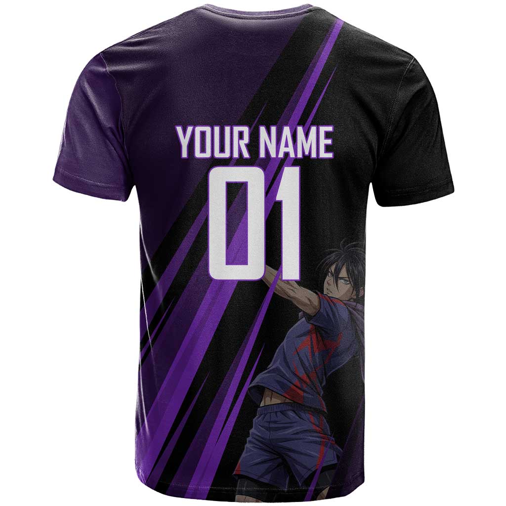 Personalized Sonic Volleyball Design T Shirt with Purple and Black Athletic Theme and Agile Jump Pose