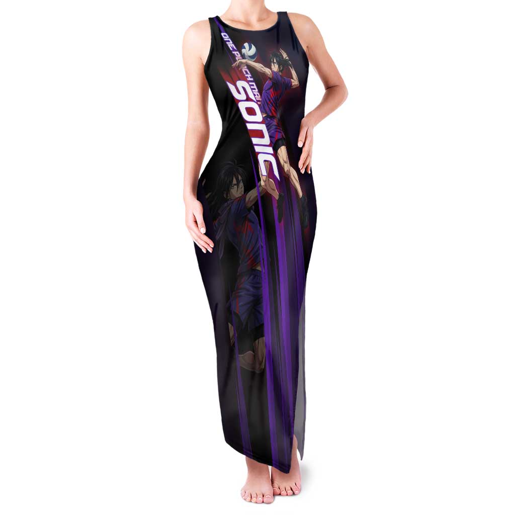Personalized Sonic Volleyball Design Tank Maxi Dress with Purple and Black Athletic Theme and Agile Jump Pose