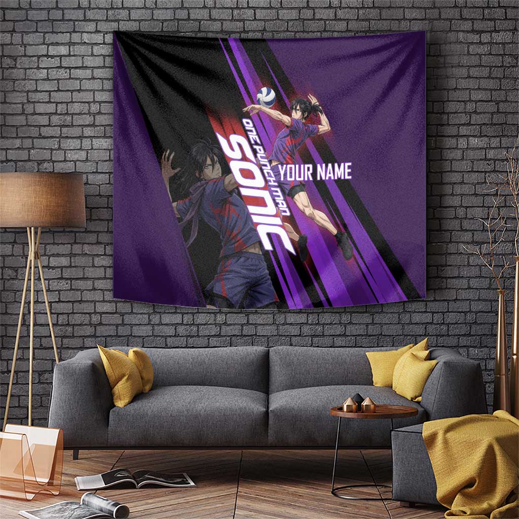 Personalized Sonic Volleyball Design Tapestry with Purple and Black Athletic Theme and Agile Jump Pose