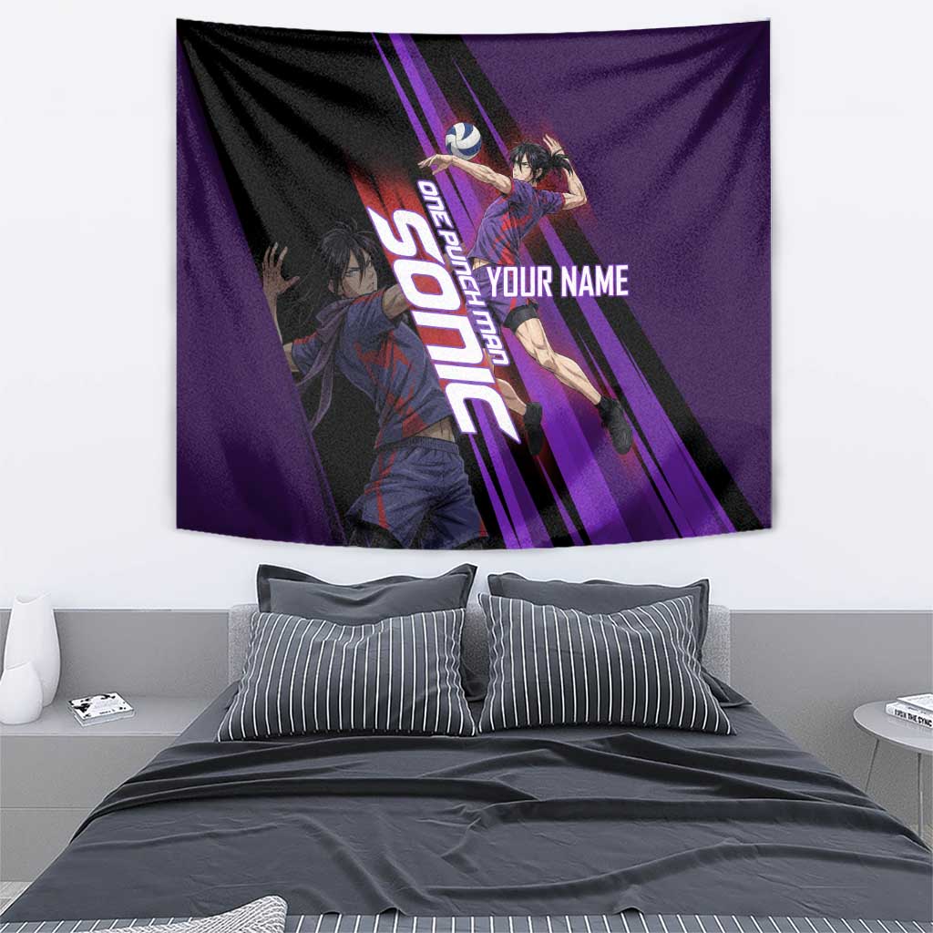 Personalized Sonic Volleyball Design Tapestry with Purple and Black Athletic Theme and Agile Jump Pose
