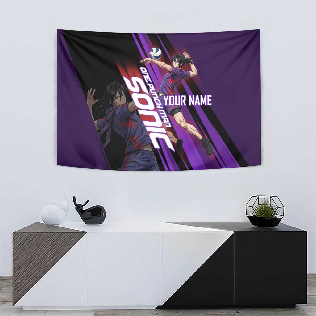Personalized Sonic Volleyball Design Tapestry with Purple and Black Athletic Theme and Agile Jump Pose
