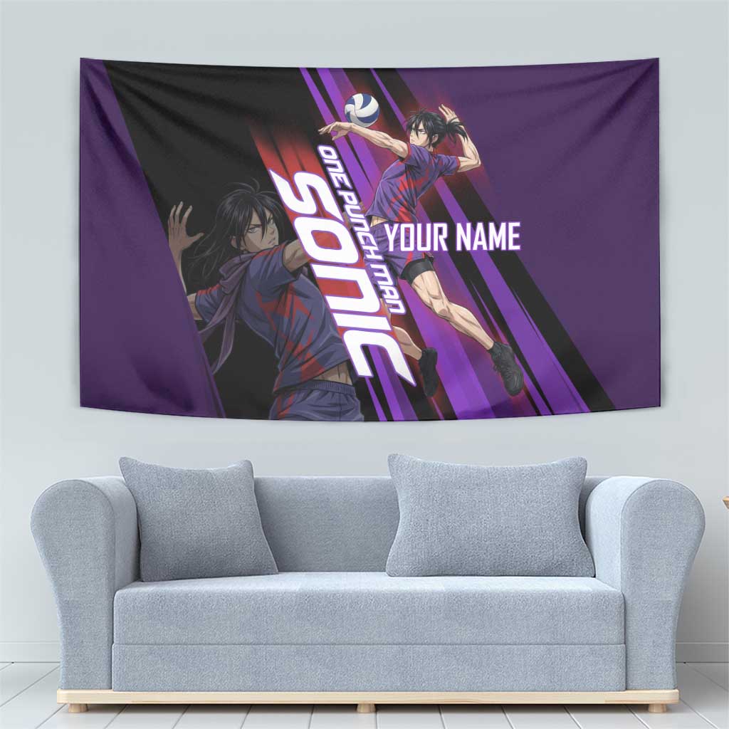Personalized Sonic Volleyball Design Tapestry with Purple and Black Athletic Theme and Agile Jump Pose