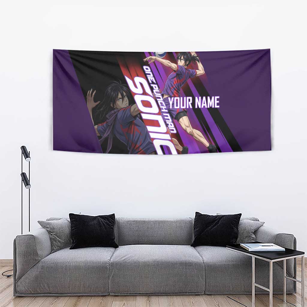 Personalized Sonic Volleyball Design Tapestry with Purple and Black Athletic Theme and Agile Jump Pose