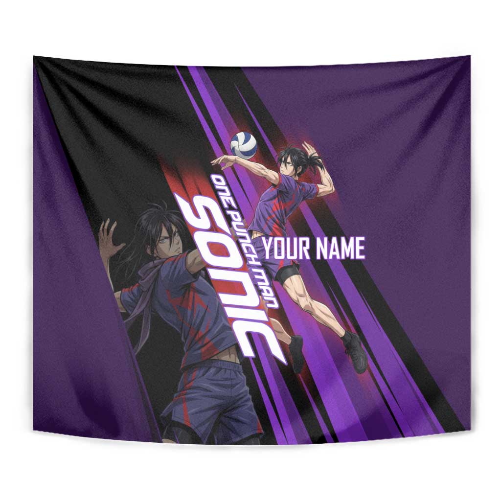 Personalized Sonic Volleyball Design Tapestry with Purple and Black Athletic Theme and Agile Jump Pose
