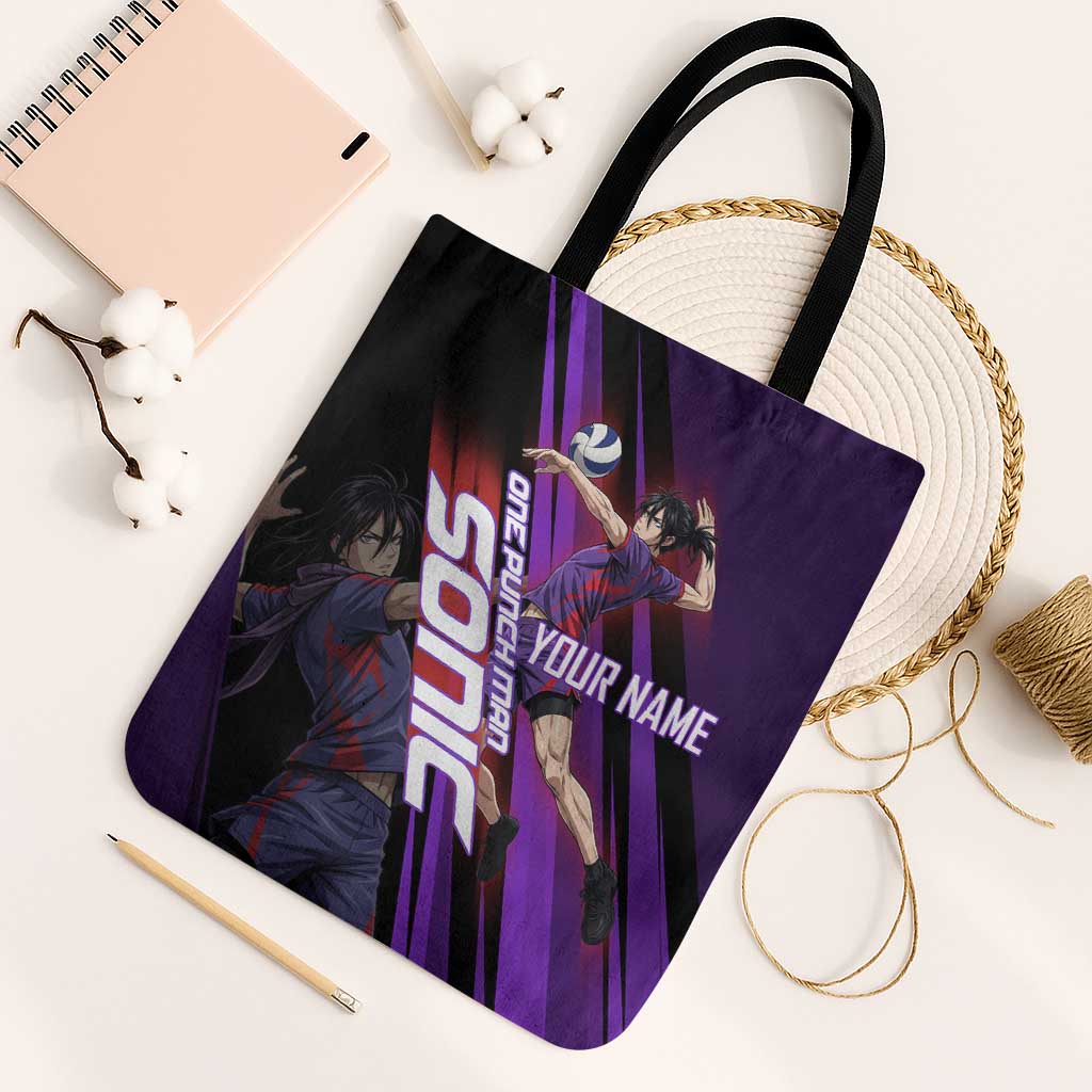 Personalized Sonic Volleyball Design Tote Bag with Purple and Black Athletic Theme and Agile Jump Pose