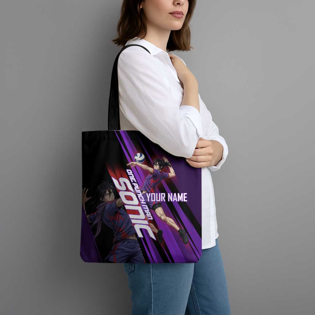 Personalized Sonic Volleyball Design Tote Bag with Purple and Black Athletic Theme and Agile Jump Pose