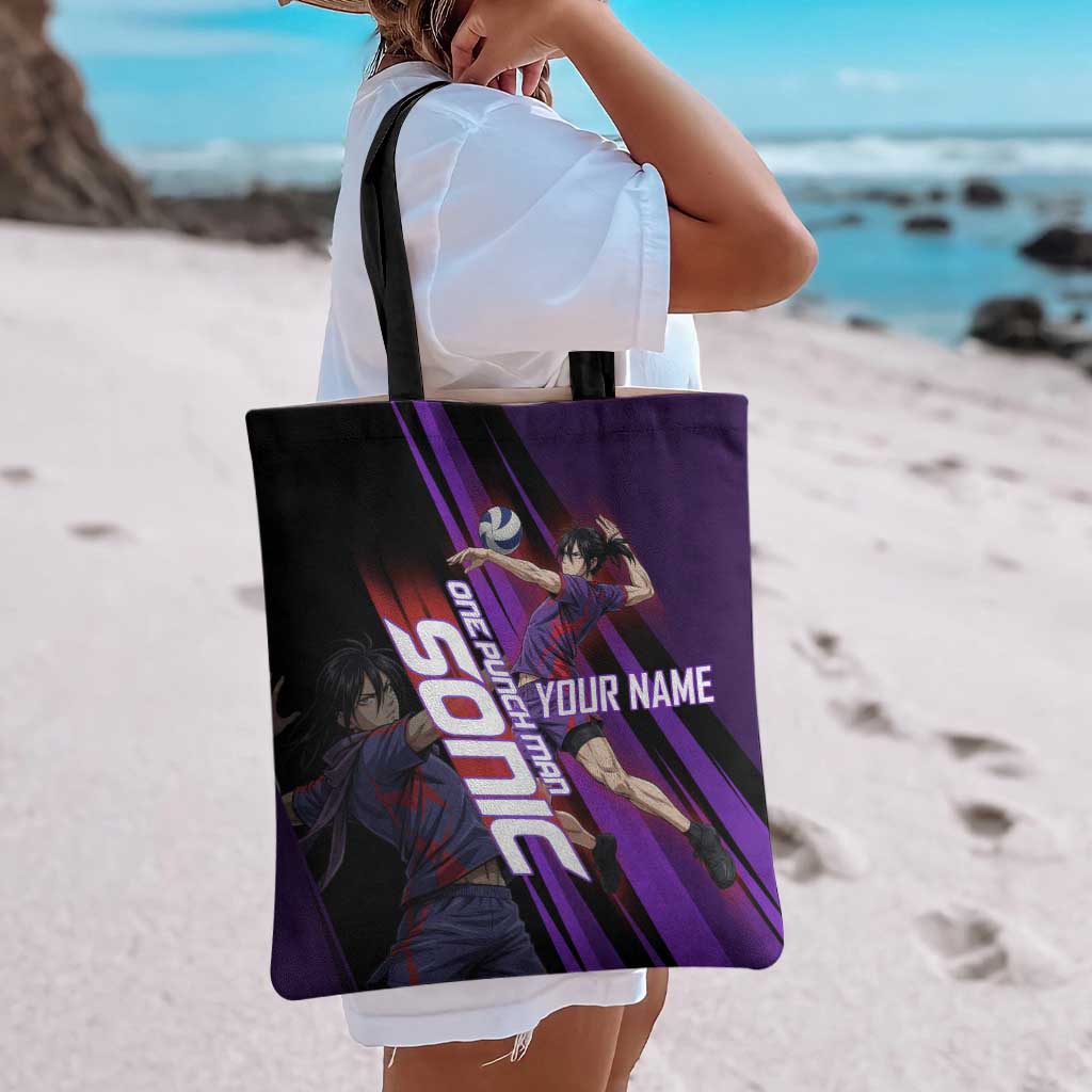 Personalized Sonic Volleyball Design Tote Bag with Purple and Black Athletic Theme and Agile Jump Pose