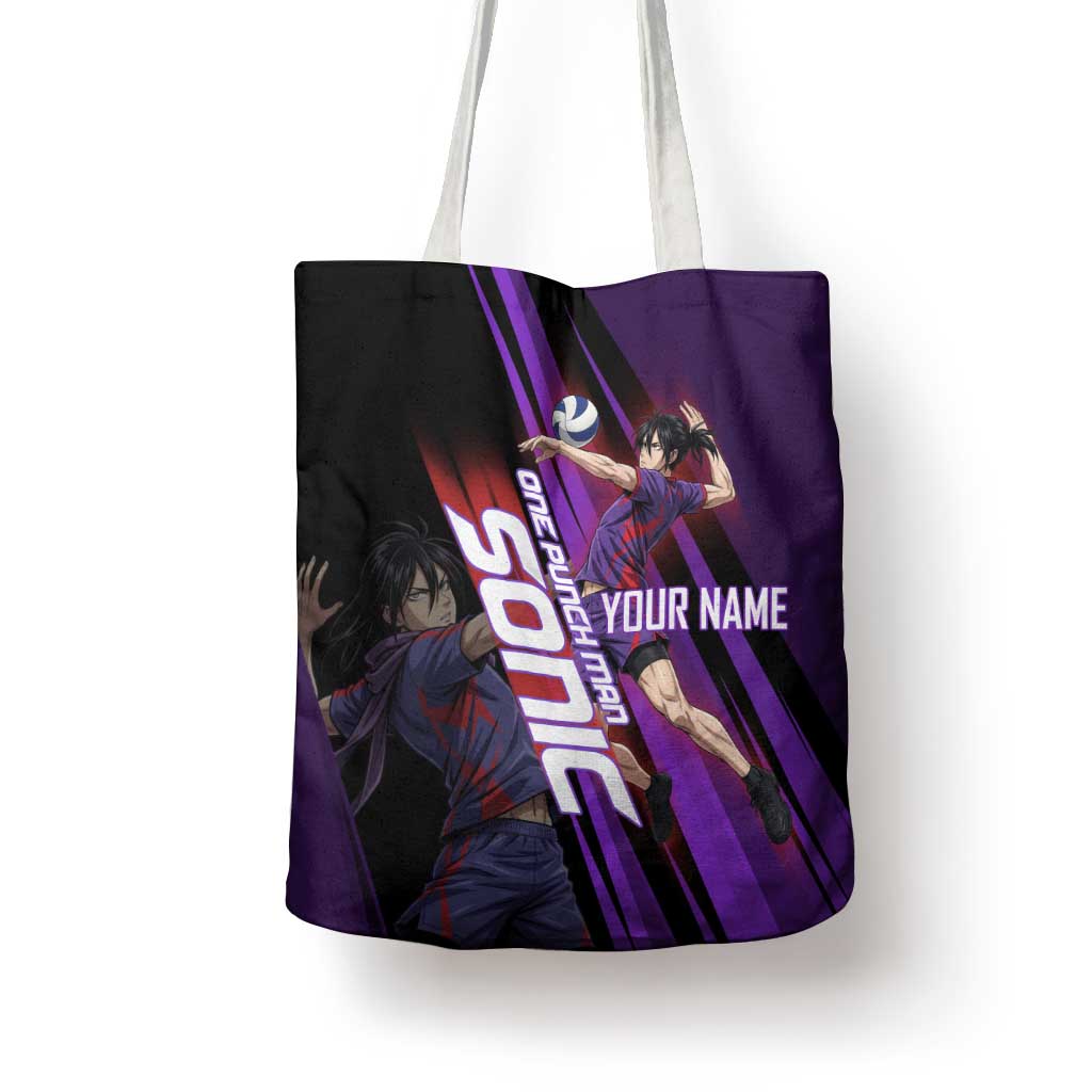Personalized Sonic Volleyball Design Tote Bag with Purple and Black Athletic Theme and Agile Jump Pose