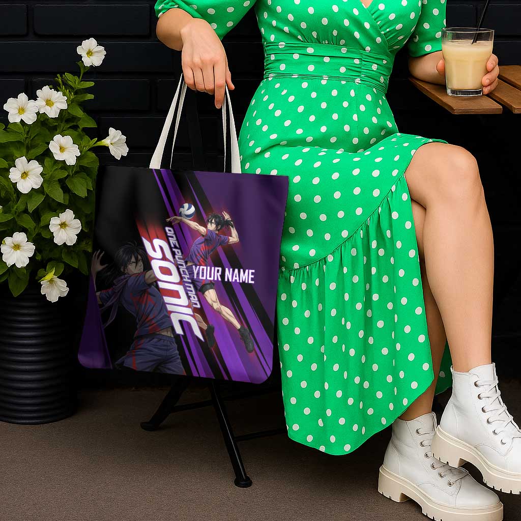 Personalized Sonic Volleyball Design Tote Bag with Purple and Black Athletic Theme and Agile Jump Pose