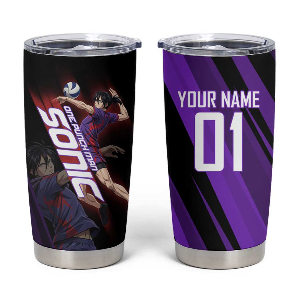 Personalized Sonic Volleyball Design Tumbler Cup with Purple and Black Athletic Theme and Agile Jump Pose
