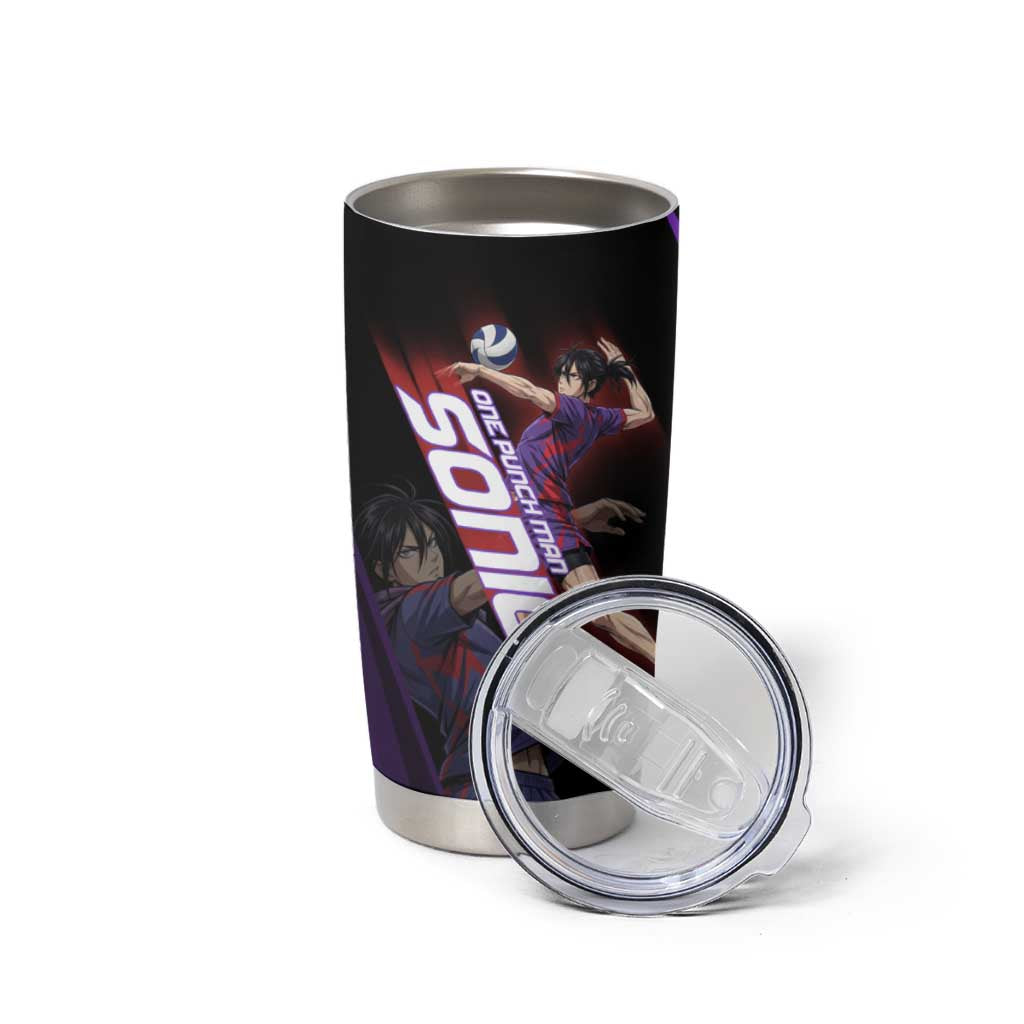 Personalized Sonic Volleyball Design Tumbler Cup with Purple and Black Athletic Theme and Agile Jump Pose