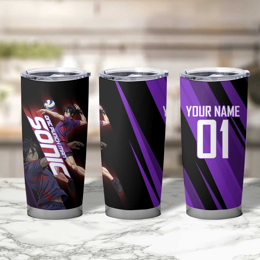 Personalized Sonic Volleyball Design Tumbler Cup with Purple and Black Athletic Theme and Agile Jump Pose