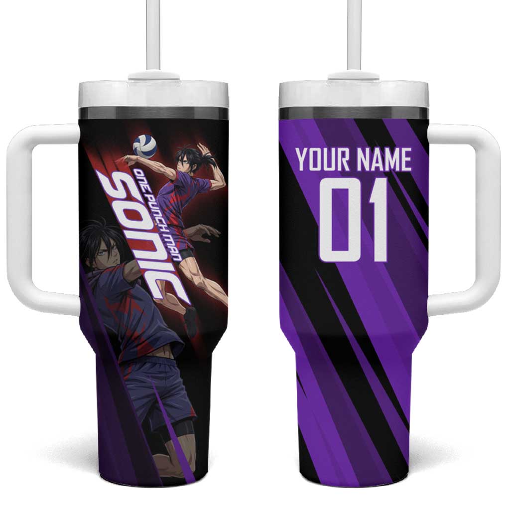 Personalized Sonic Volleyball Design Tumbler With Handle with Purple and Black Athletic Theme and Agile Jump Pose