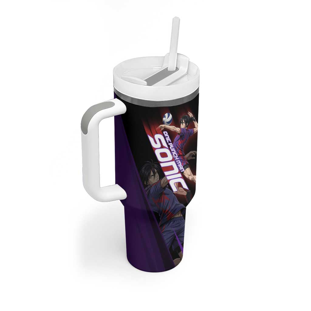 Personalized Sonic Volleyball Design Tumbler With Handle with Purple and Black Athletic Theme and Agile Jump Pose