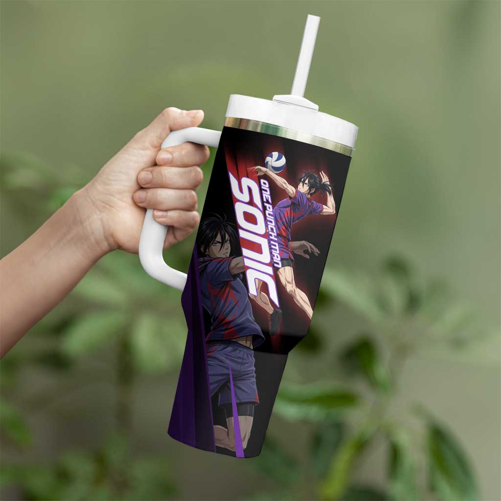 Personalized Sonic Volleyball Design Tumbler With Handle with Purple and Black Athletic Theme and Agile Jump Pose