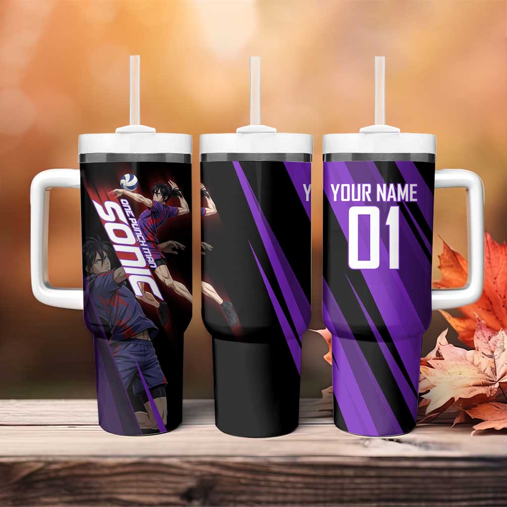 Personalized Sonic Volleyball Design Tumbler With Handle with Purple and Black Athletic Theme and Agile Jump Pose