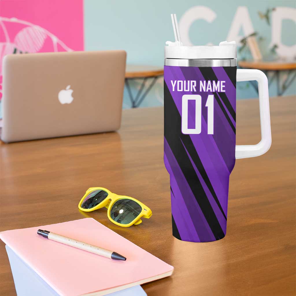 Personalized Sonic Volleyball Design Tumbler With Handle with Purple and Black Athletic Theme and Agile Jump Pose