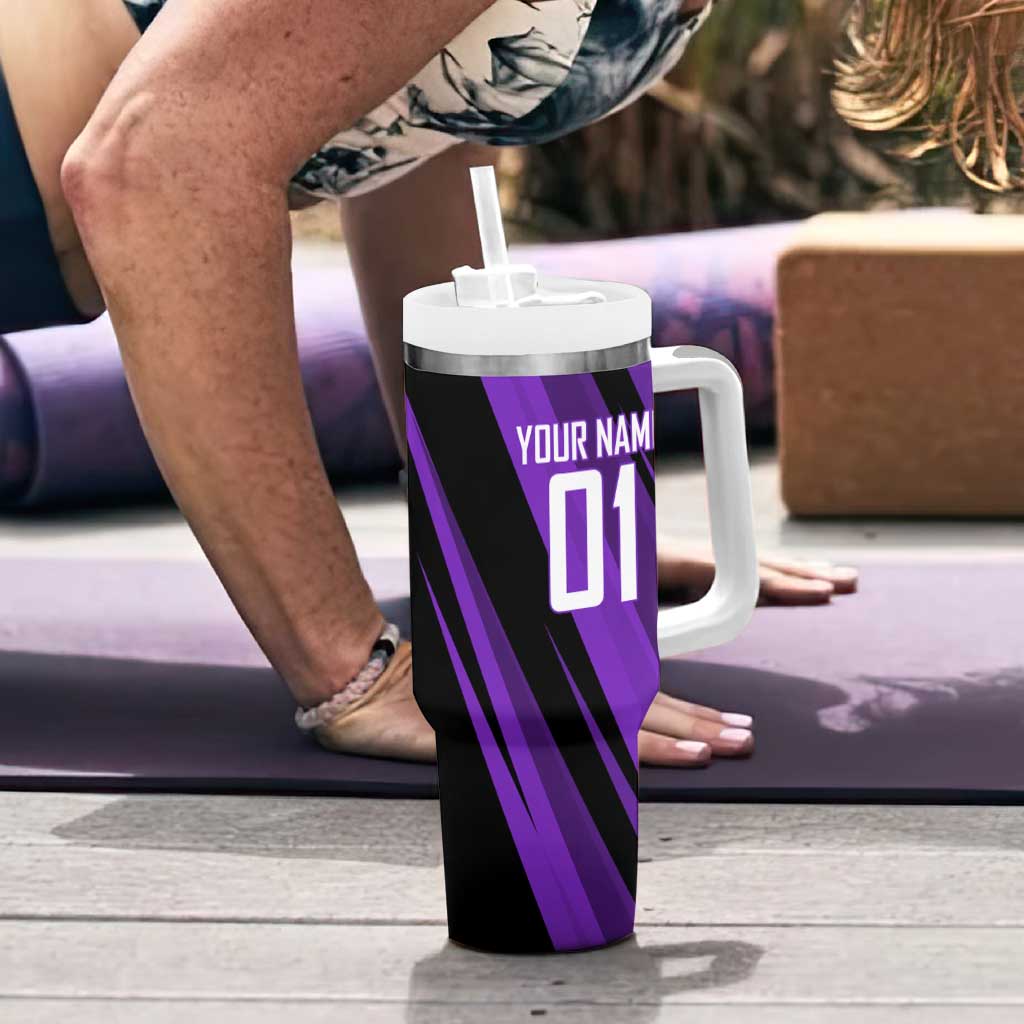 Personalized Sonic Volleyball Design Tumbler With Handle with Purple and Black Athletic Theme and Agile Jump Pose