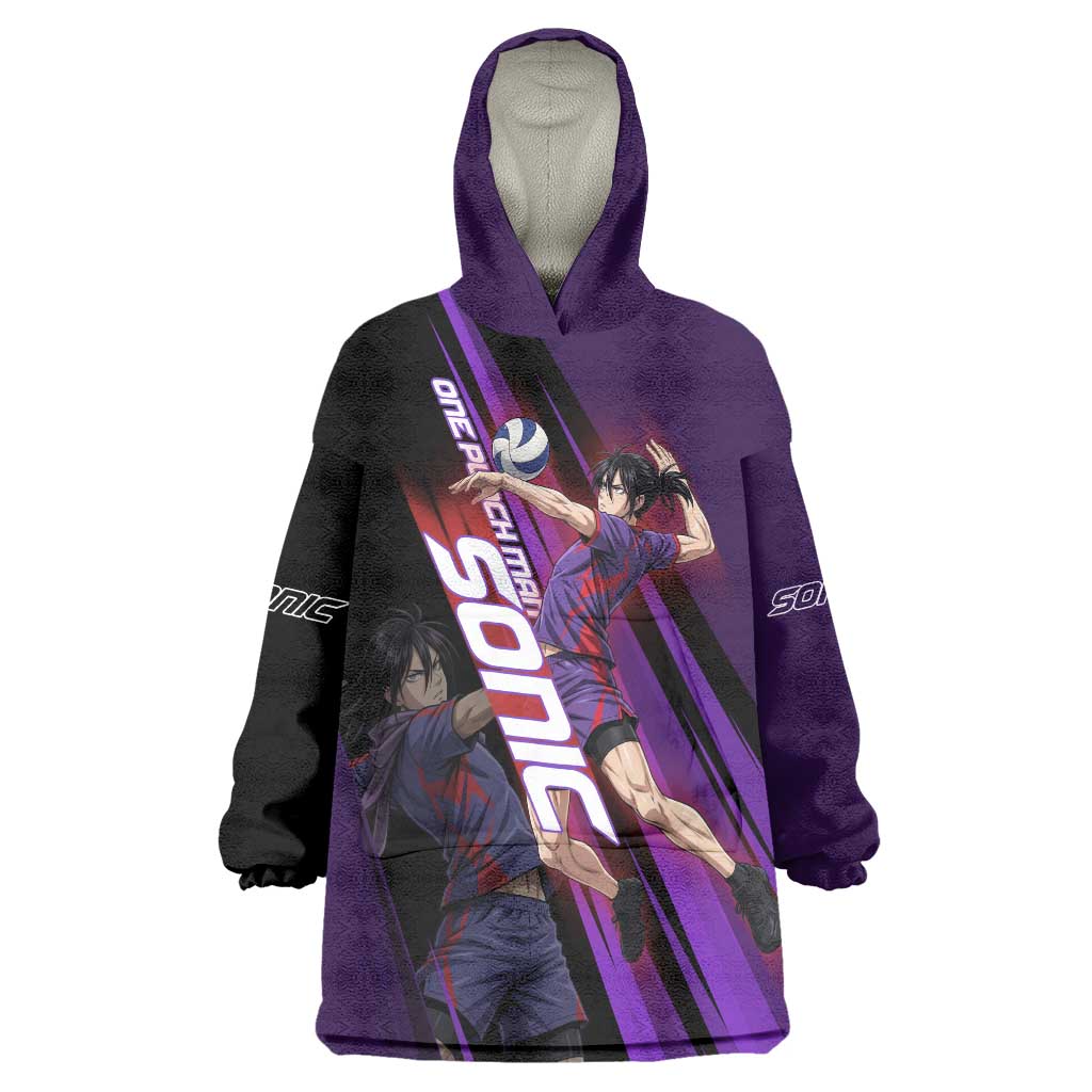 Personalized Sonic Volleyball Design Wearable Blanket Hoodie with Purple and Black Athletic Theme and Agile Jump Pose