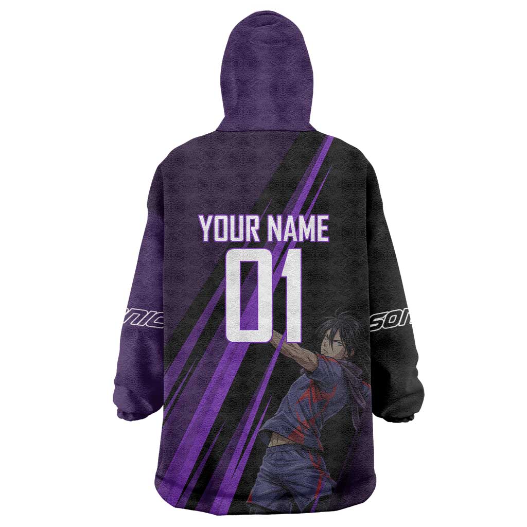 Personalized Sonic Volleyball Design Wearable Blanket Hoodie with Purple and Black Athletic Theme and Agile Jump Pose