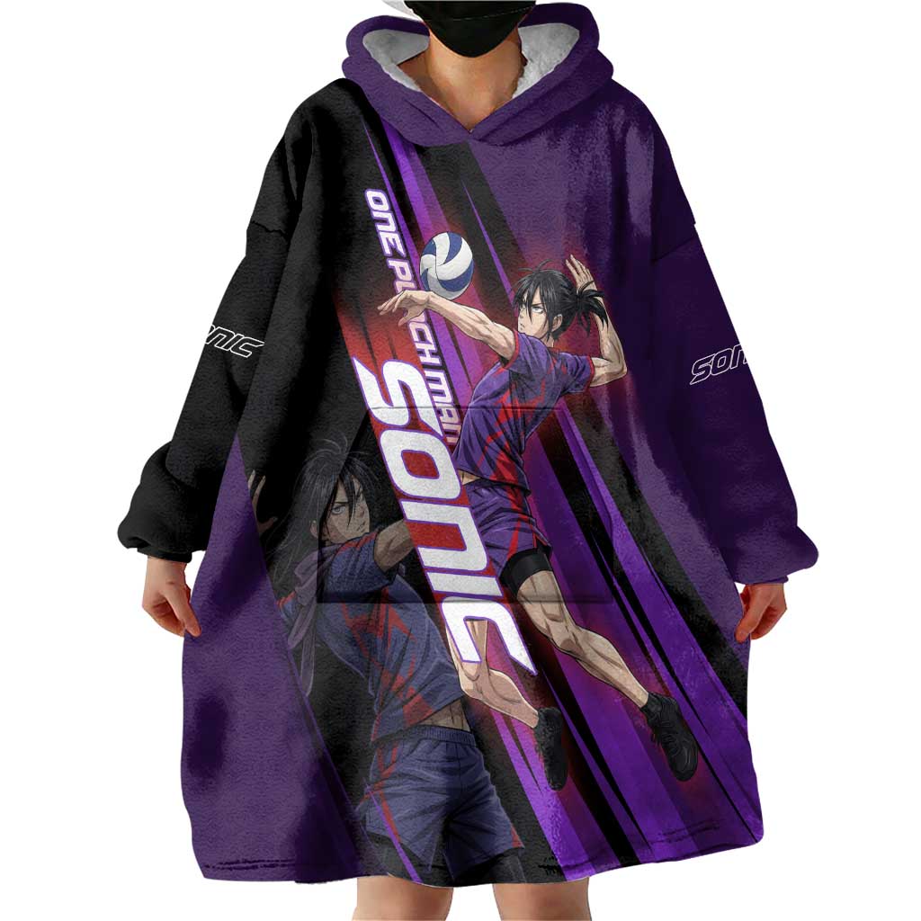 Personalized Sonic Volleyball Design Wearable Blanket Hoodie with Purple and Black Athletic Theme and Agile Jump Pose