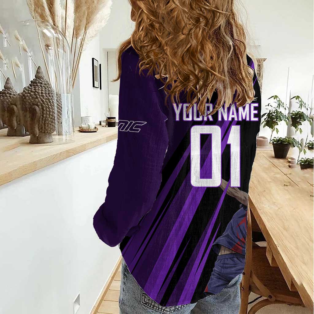 Personalized Sonic Volleyball Design Women Casual Shirt with Purple and Black Athletic Theme and Agile Jump Pose