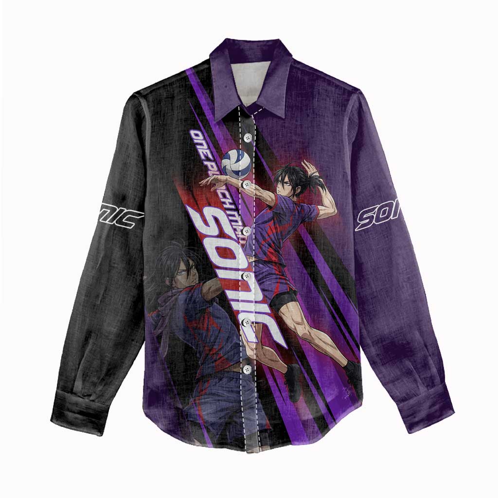 Personalized Sonic Volleyball Design Women Casual Shirt with Purple and Black Athletic Theme and Agile Jump Pose
