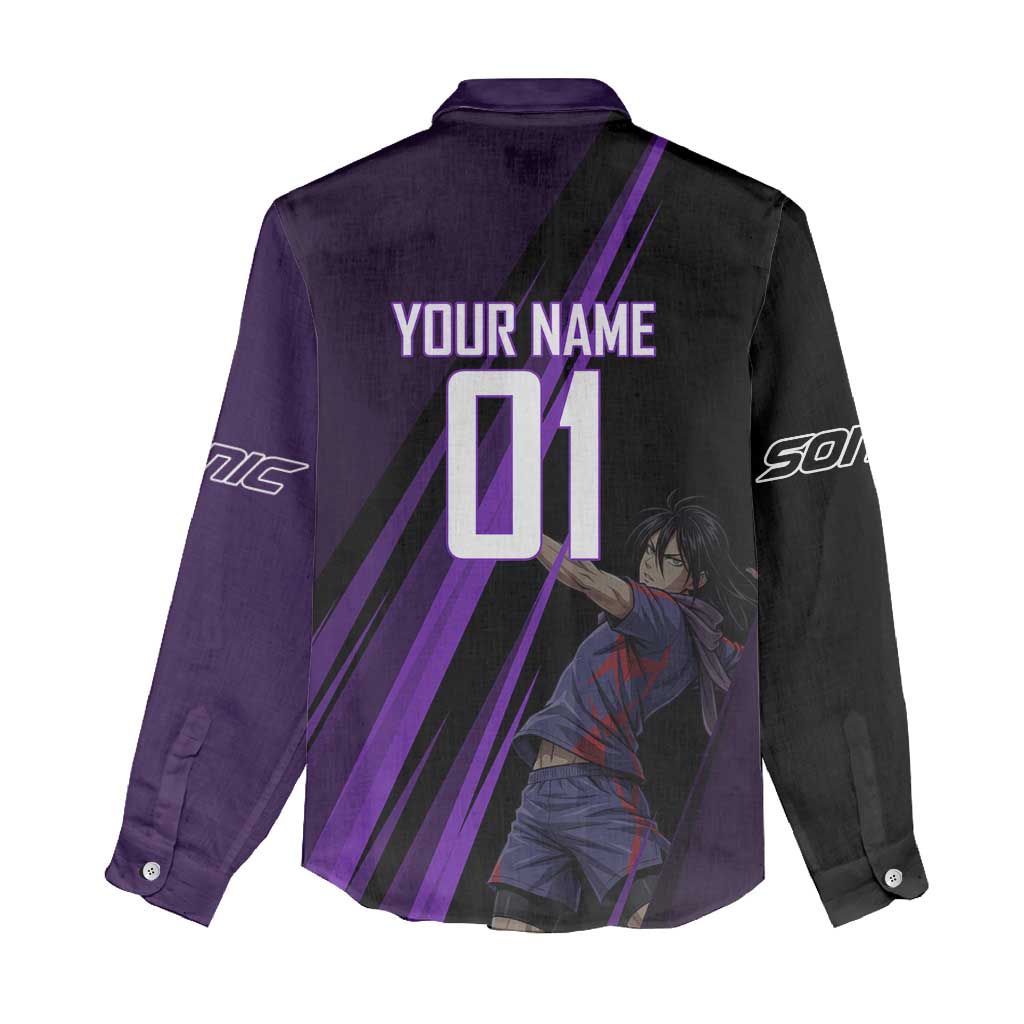 Personalized Sonic Volleyball Design Women Casual Shirt with Purple and Black Athletic Theme and Agile Jump Pose