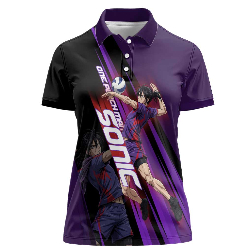 Personalized Sonic Volleyball Design Women Polo Shirt with Purple and Black Athletic Theme and Agile Jump Pose