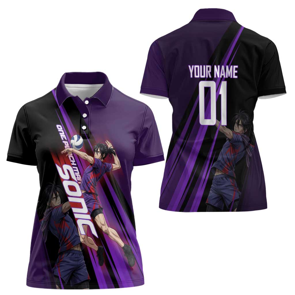 Personalized Sonic Volleyball Design Women Polo Shirt with Purple and Black Athletic Theme and Agile Jump Pose