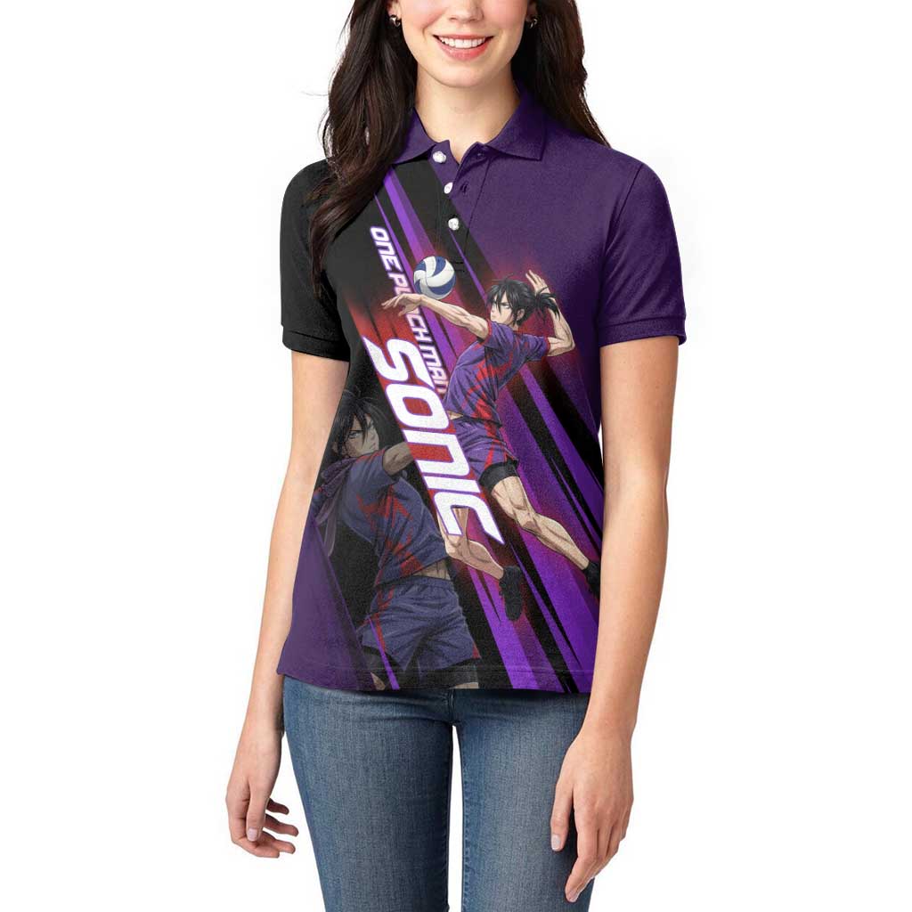 Personalized Sonic Volleyball Design Women Polo Shirt with Purple and Black Athletic Theme and Agile Jump Pose