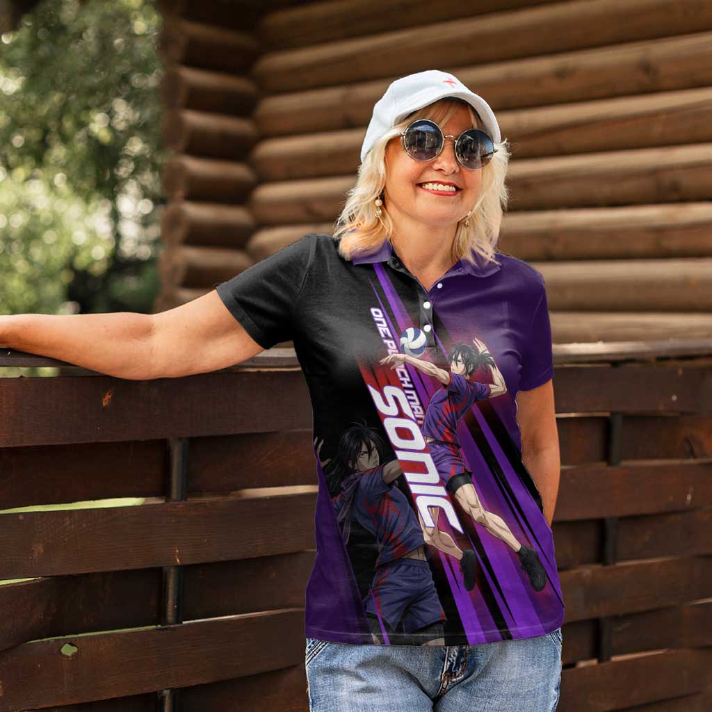 Personalized Sonic Volleyball Design Women Polo Shirt with Purple and Black Athletic Theme and Agile Jump Pose