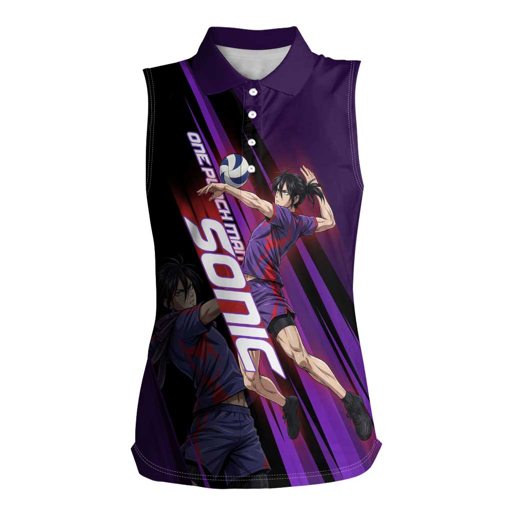 Personalized Sonic Volleyball Design Women Sleeveless Polo Shirt with Purple and Black Athletic Theme and Agile Jump Pose