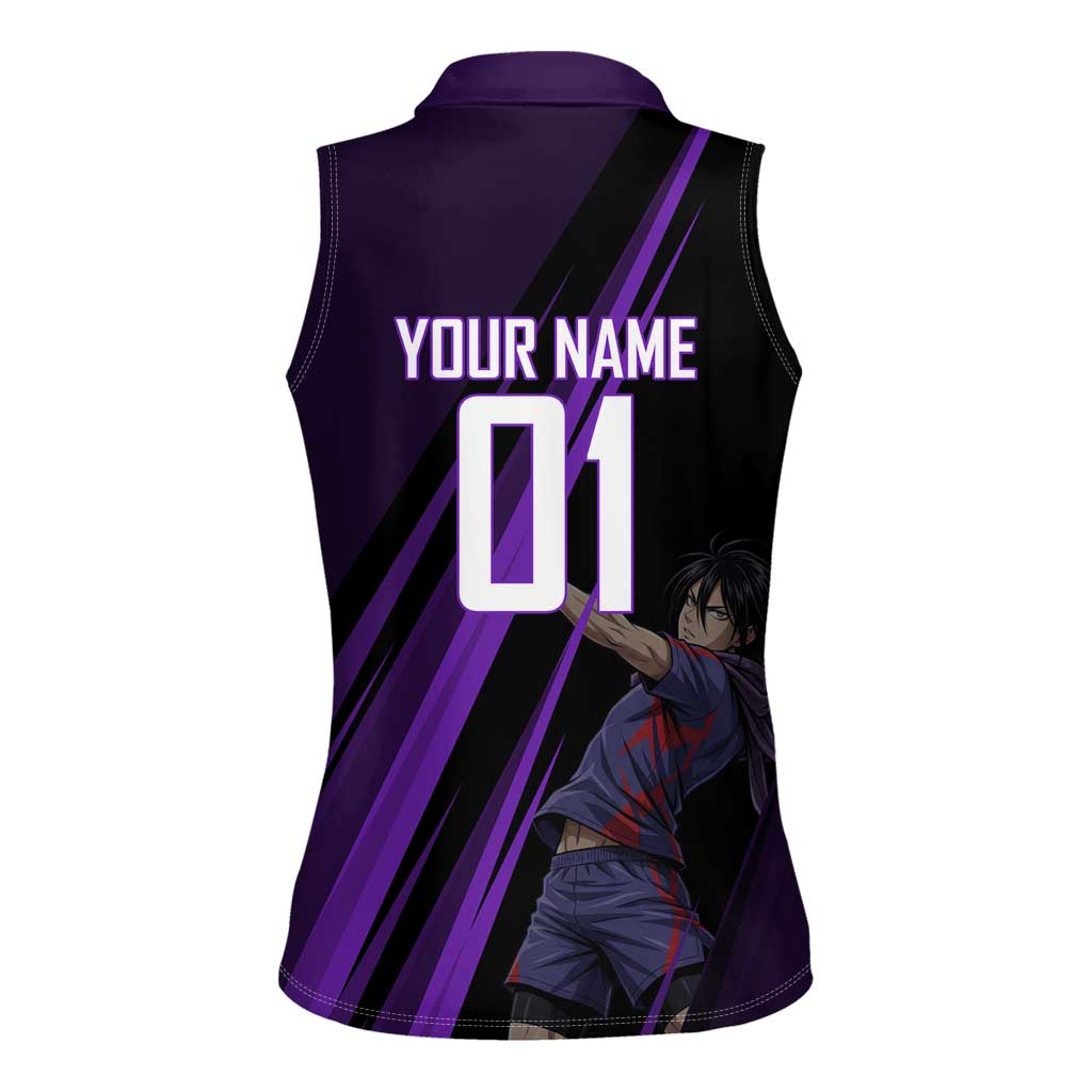 Personalized Sonic Volleyball Design Women Sleeveless Polo Shirt with Purple and Black Athletic Theme and Agile Jump Pose