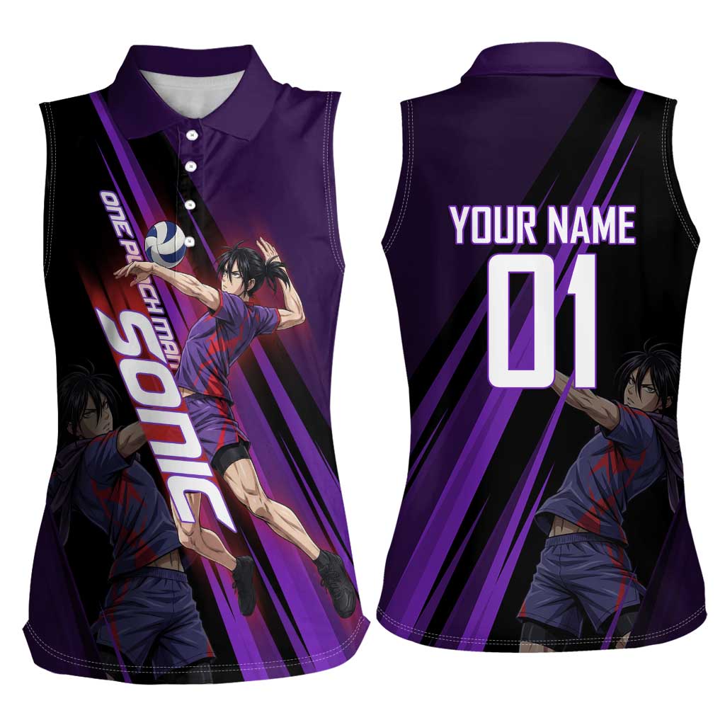 Personalized Sonic Volleyball Design Women Sleeveless Polo Shirt with Purple and Black Athletic Theme and Agile Jump Pose