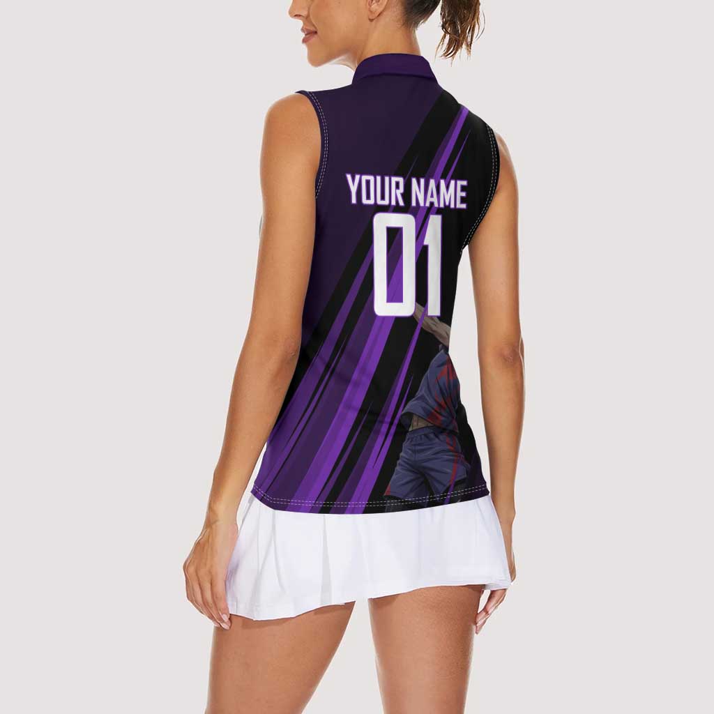 Personalized Sonic Volleyball Design Women Sleeveless Polo Shirt with Purple and Black Athletic Theme and Agile Jump Pose