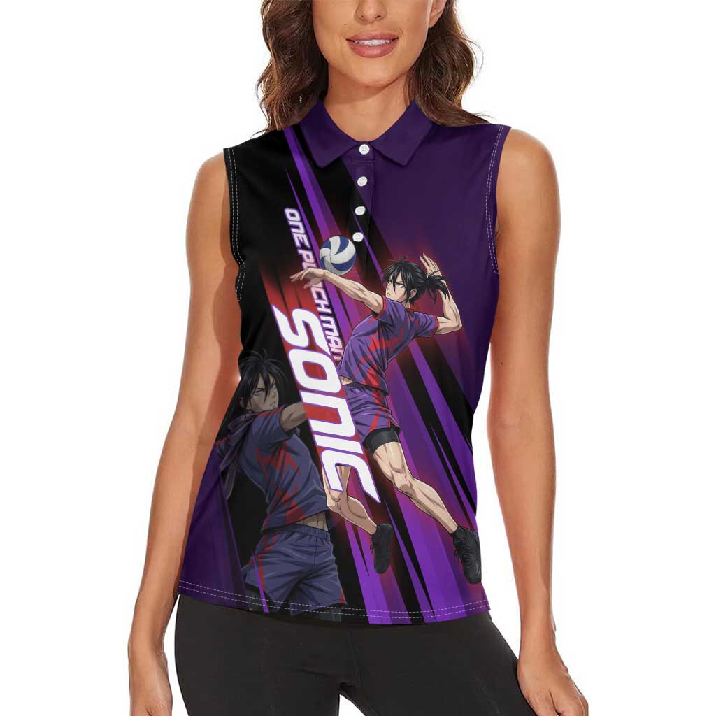 Personalized Sonic Volleyball Design Women Sleeveless Polo Shirt with Purple and Black Athletic Theme and Agile Jump Pose