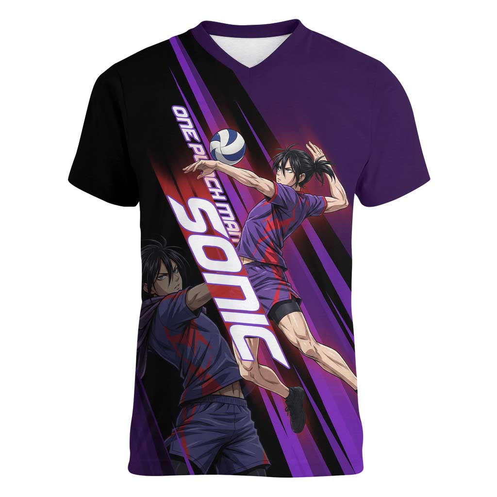 Personalized Sonic Volleyball Design Women V-Neck T-Shirt with Purple and Black Athletic Theme and Agile Jump Pose