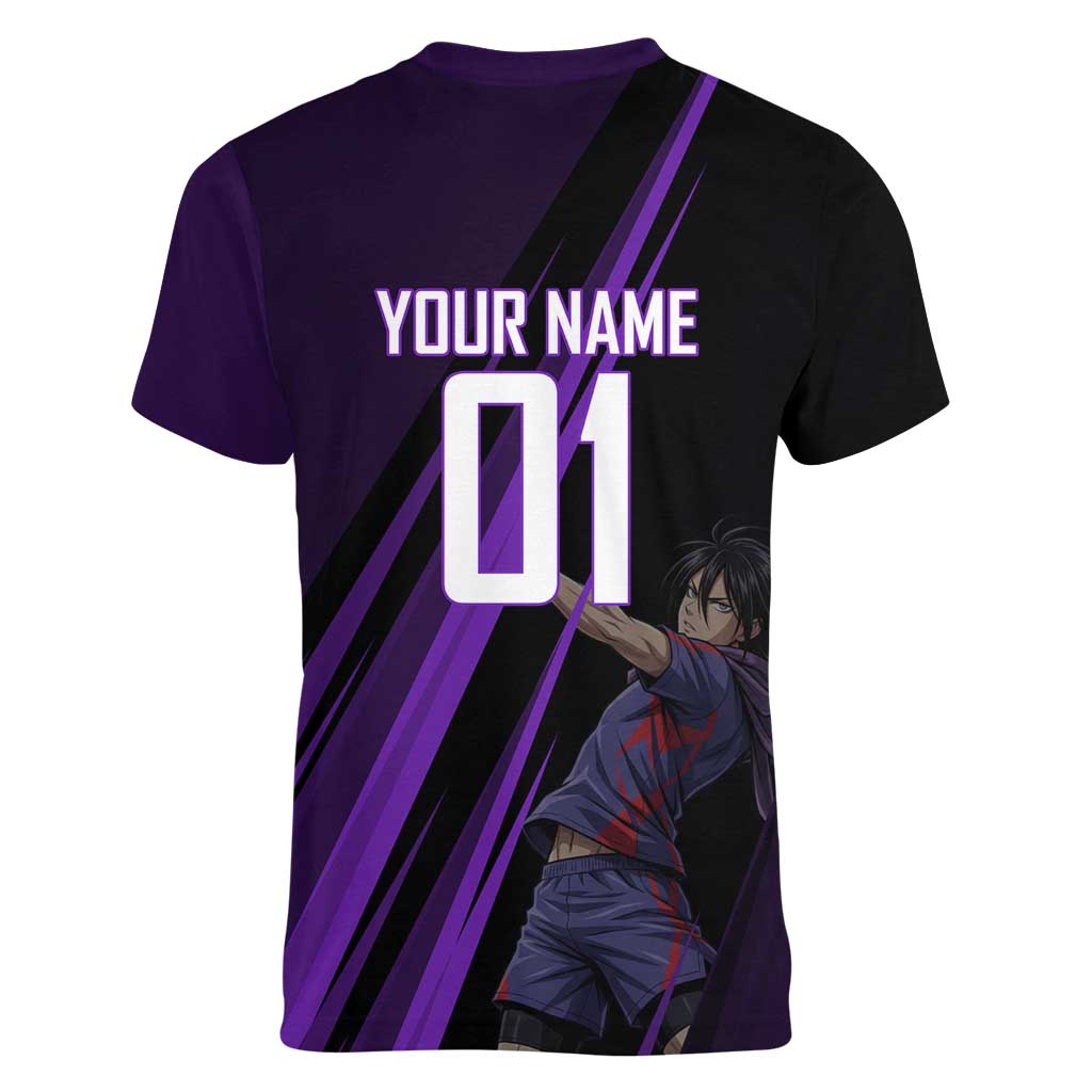 Personalized Sonic Volleyball Design Women V-Neck T-Shirt with Purple and Black Athletic Theme and Agile Jump Pose