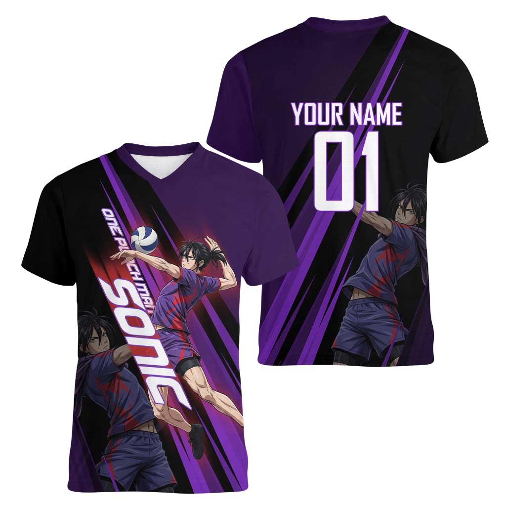 Personalized Sonic Volleyball Design Women V-Neck T-Shirt with Purple and Black Athletic Theme and Agile Jump Pose