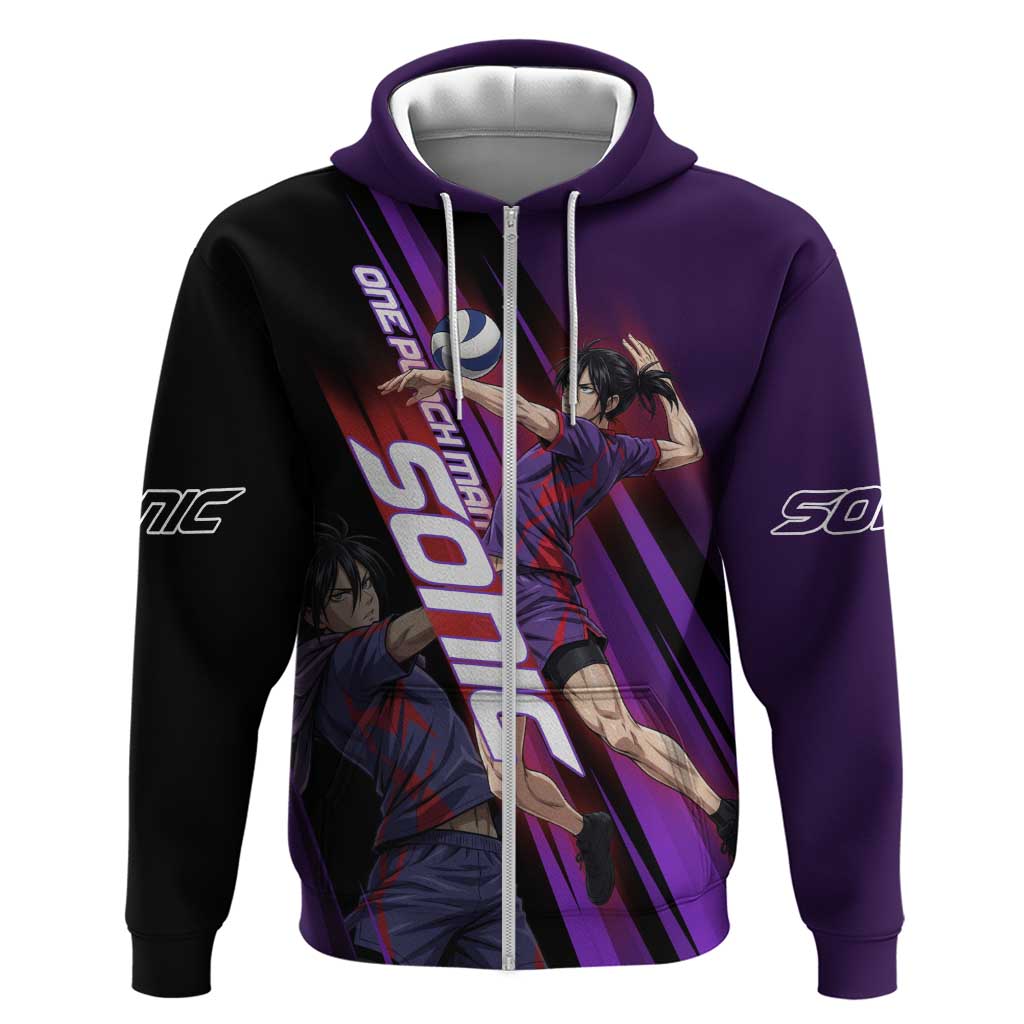 Personalized Sonic Volleyball Design Zip Hoodie with Purple and Black Athletic Theme and Agile Jump Pose