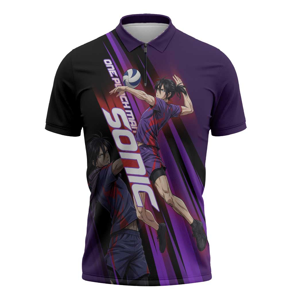 Personalized Sonic Volleyball Design Zipper Polo Shirt with Purple and Black Athletic Theme and Agile Jump Pose