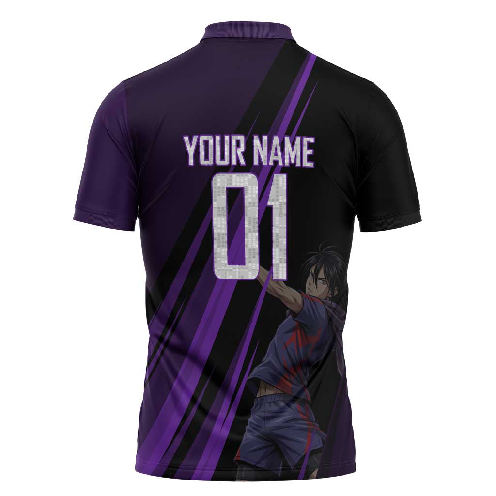 Personalized Sonic Volleyball Design Zipper Polo Shirt with Purple and Black Athletic Theme and Agile Jump Pose